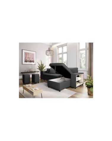 Canapé d'angle convertible et poufs en tissu - gris foncé