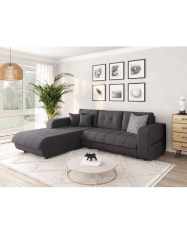 Canapé d'angle convertible en tissu - gris foncé - angle gauche