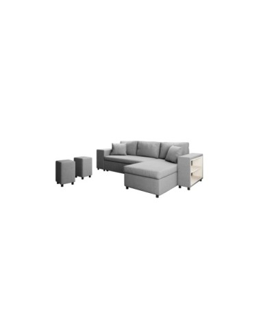 Canapé d'angle convertible et poufs en tissu - gris clair