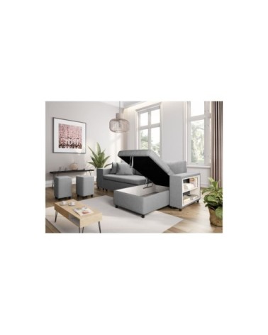 Canapé d'angle convertible et poufs en tissu - gris clair