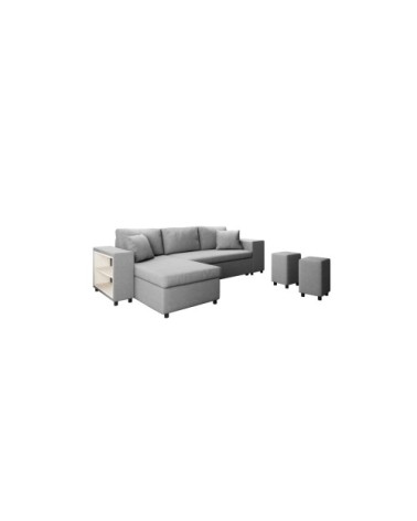 Canapé d'angle convertible et poufs en tissu - gris clair
