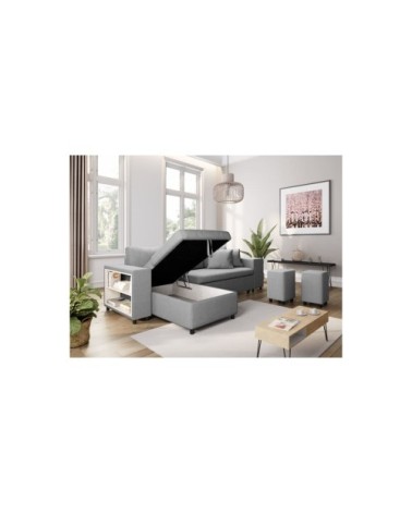 Canapé d'angle convertible et poufs en tissu - gris clair