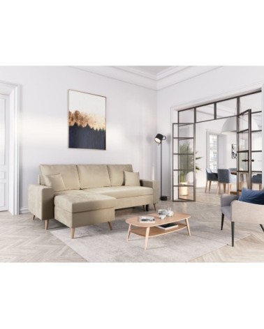 Canapé d'angle velours réversible et convertible avec coffre - grège