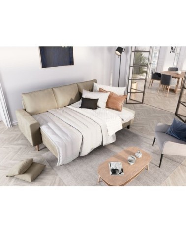 Canapé d'angle velours réversible et convertible avec coffre - grège