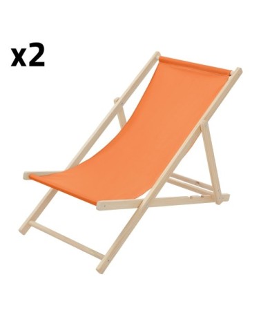 Lot de 2 chaises longues pliantes bois et tissu orange 3 positions