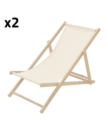 Lot de 2 chaises longues pliantes bois et tissu beige 3 positions