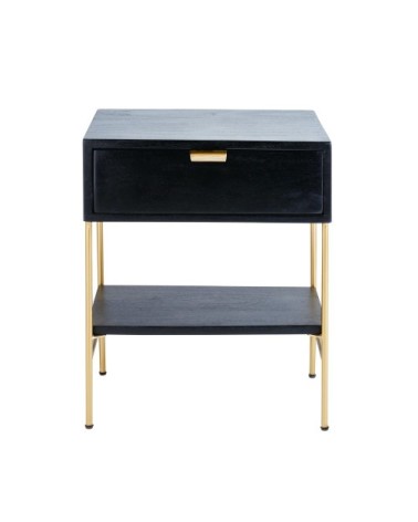 Chevet 1 tiroir en acacia massif noir et métal doré