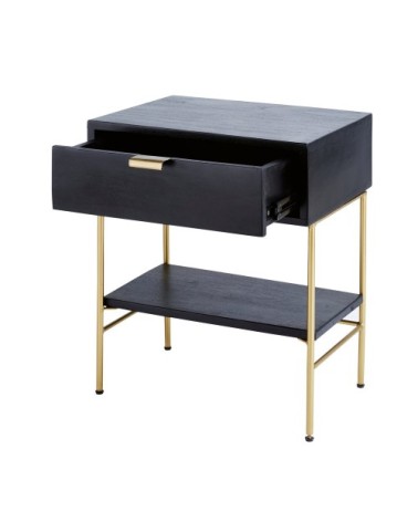 Chevet 1 tiroir en acacia massif noir et métal doré