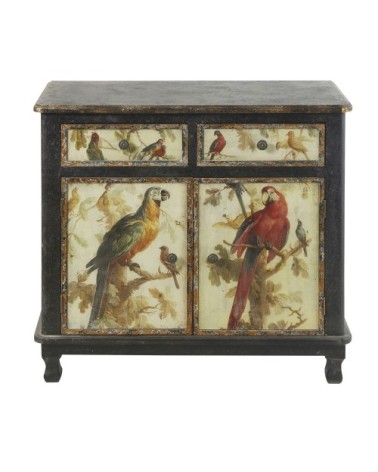 Buffet 2 portes 2 tiroirs noirs et imprimé perroquets L86