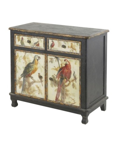 Buffet 2 portes 2 tiroirs noirs et imprimé perroquets L86