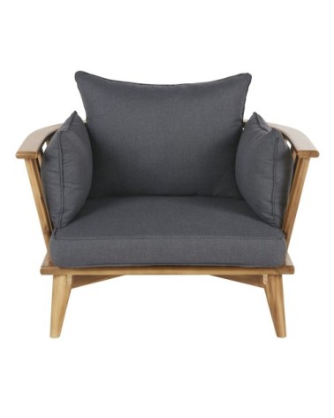 Fauteuil de jardin en acacia massif et coussins gris anthracite