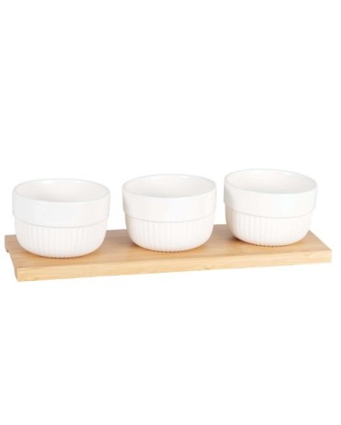 Coupelles apéritives en porcelaine blanche (x3) plateau en bambou