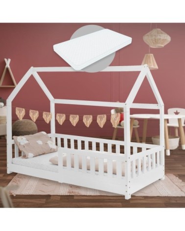 Lit cabane enfant 80x160 cm sommier matelas et barrière inclus blanc