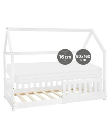 Lit cabane enfant 80x160 cm sommier matelas et barrière inclus blanc