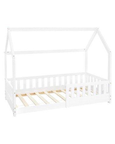 Lit cabane enfant 80x160 cm sommier et barrière inclus bois blanc