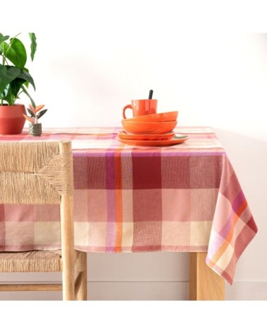 Nappe en coton tissé motifs à carreaux rouge brique, rose fushia et orange 150x250