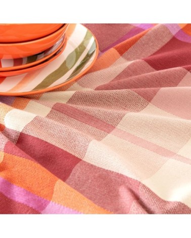 Nappe en coton tissé motifs à carreaux rouge brique, rose fushia et orange 150x250