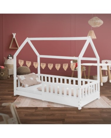 Lit cabane enfant 80x160 cm sommier et barrière inclus bois blanc