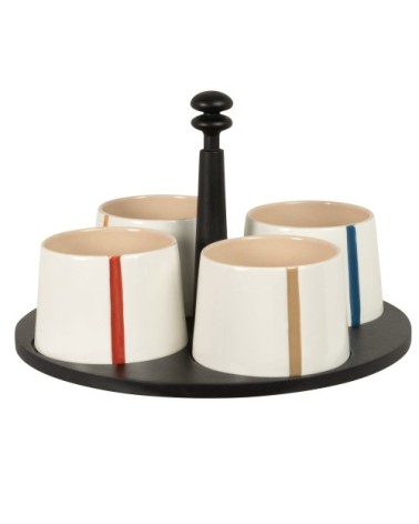 Coupelles apéritives en grès blanc motifs multicolores (x4) plateau en bois d'hévéa noir