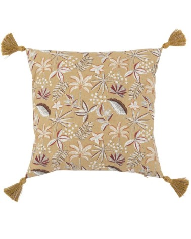 Housse de coussin en coton à pompons imprimé feuillage vert kaki 40x40