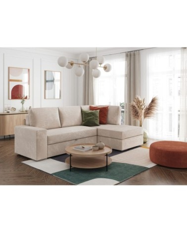 Canapé d'angle droit convertible avec coffre en velours côtelé - beige