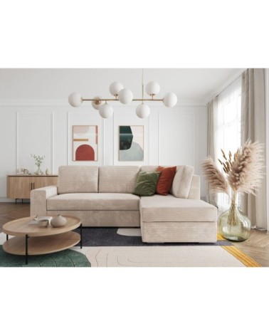 Canapé d'angle droit convertible avec coffre en velours côtelé - beige