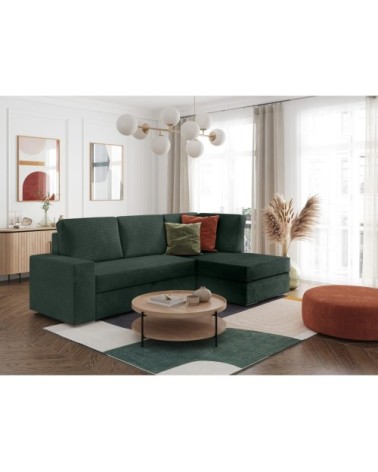 Canapé d'angle droit convertible en velours côtelé - vert foncé