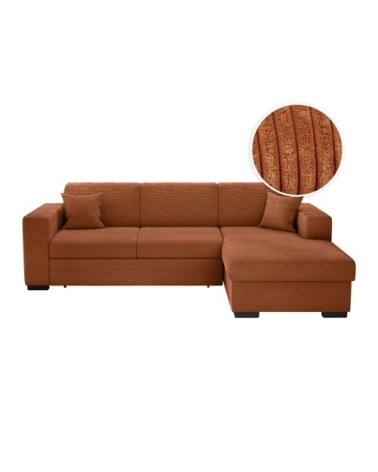 Canapé d'angle droit convertible en velours côtelé - terracotta