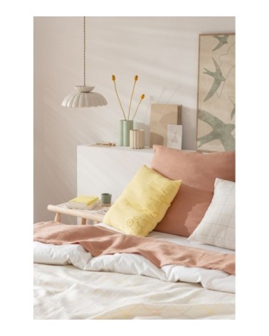 Housse de coussin en coton biologique blanc motifs à carreaux tissés en fils multicolores pastel 40x40