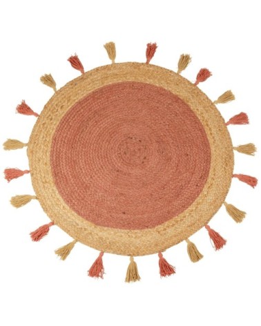 Tapis rond en jute et coton terracotta à pompons D90