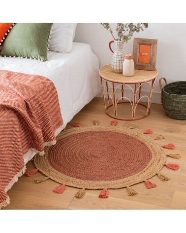 Tapis rond en jute et coton terracotta à pompons D90