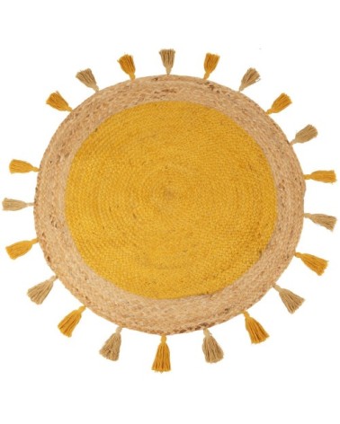 Tapis rond en jute et coton à pompons jaunes D90