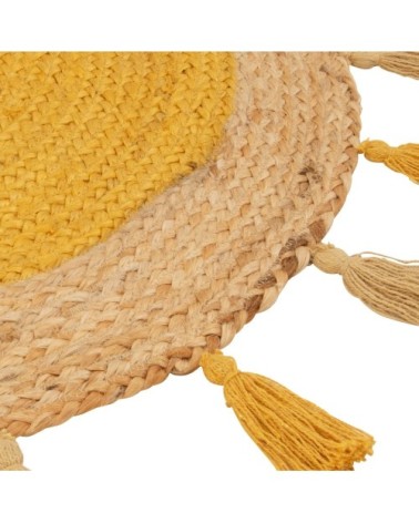 Tapis rond en jute et coton à pompons jaunes D90