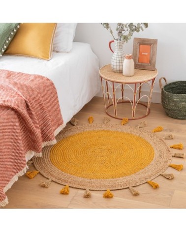 Tapis rond en jute et coton à pompons jaunes D90