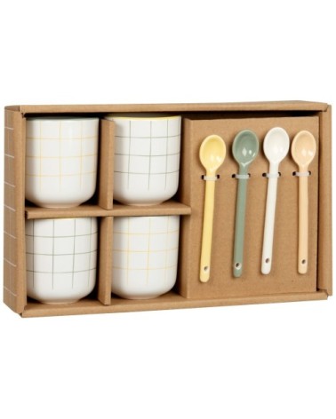 Coffret tasses en grès blanc motifs à carreaux multicolores (x4) et cuillères assorties