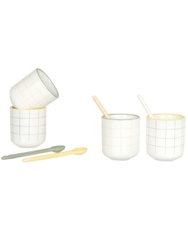 Coffret tasses en grès blanc motifs à carreaux multicolores (x4) et cuillères assorties