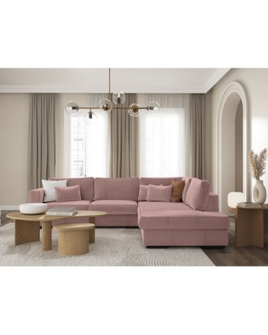 Canapé d'angle xxl 6 places en velours côtelé - angle droit - rose