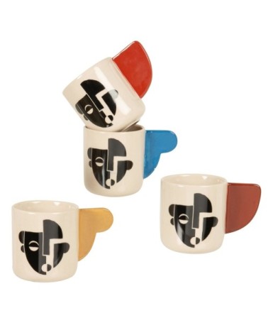 Coffret tasses (x4) en grès motifs visages multicolores