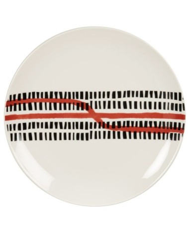 Assiette plate en porcelaine blanche motifs graphiques noirs et rouges