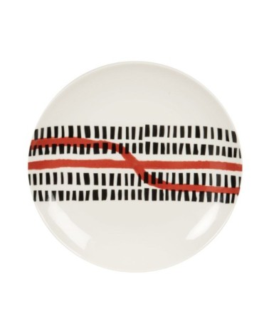 Assiette à dessert en porcelaine blanche motifs graphiques noirs et rouges