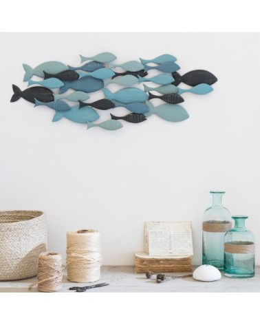 Déco murale banc de poissons en métal 71x26