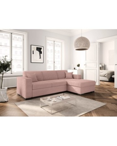 Canapé d'angle droit convertible avec coffre en velours côtelé - rose