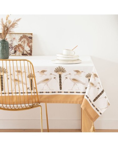 Nappe en coton biologique à pompons imprimé ocre et écru 150x250