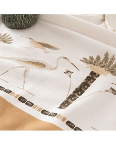 Nappe en coton biologique à pompons imprimé ocre et écru 150x250