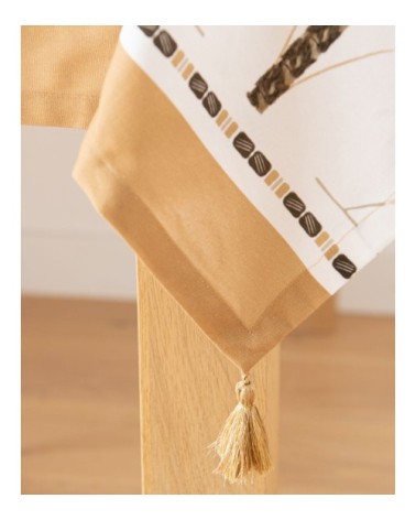 Nappe en coton biologique à pompons imprimé ocre et écru 150x250