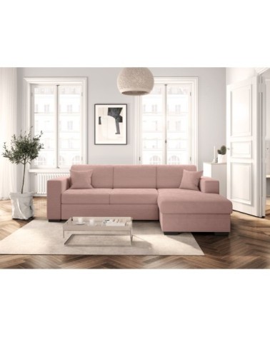 Canapé d'angle droit convertible avec coffre en velours côtelé - rose