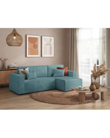 Canapé d'angle convertible avec coffre en velours côtelé - bleu clair