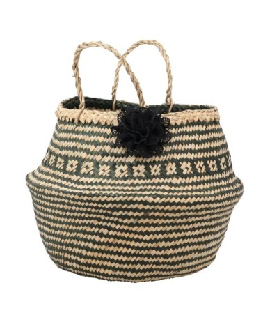 Panier pot en jonc de mer noir et beige H45