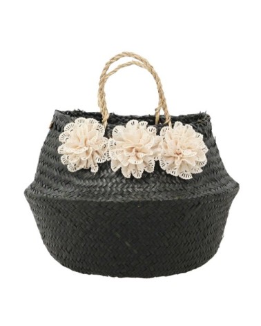 Panier cache-pot en jonc noir avec fleurs blanches