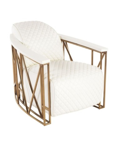 Fauteuil en cuir matelassé blanc structure en inox cuivré